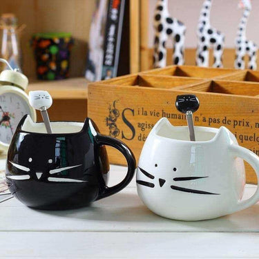 Cutie Kitties Ceramic Mug With Stirrer Drinkware KittyNook Black Kitty with Black Spoon